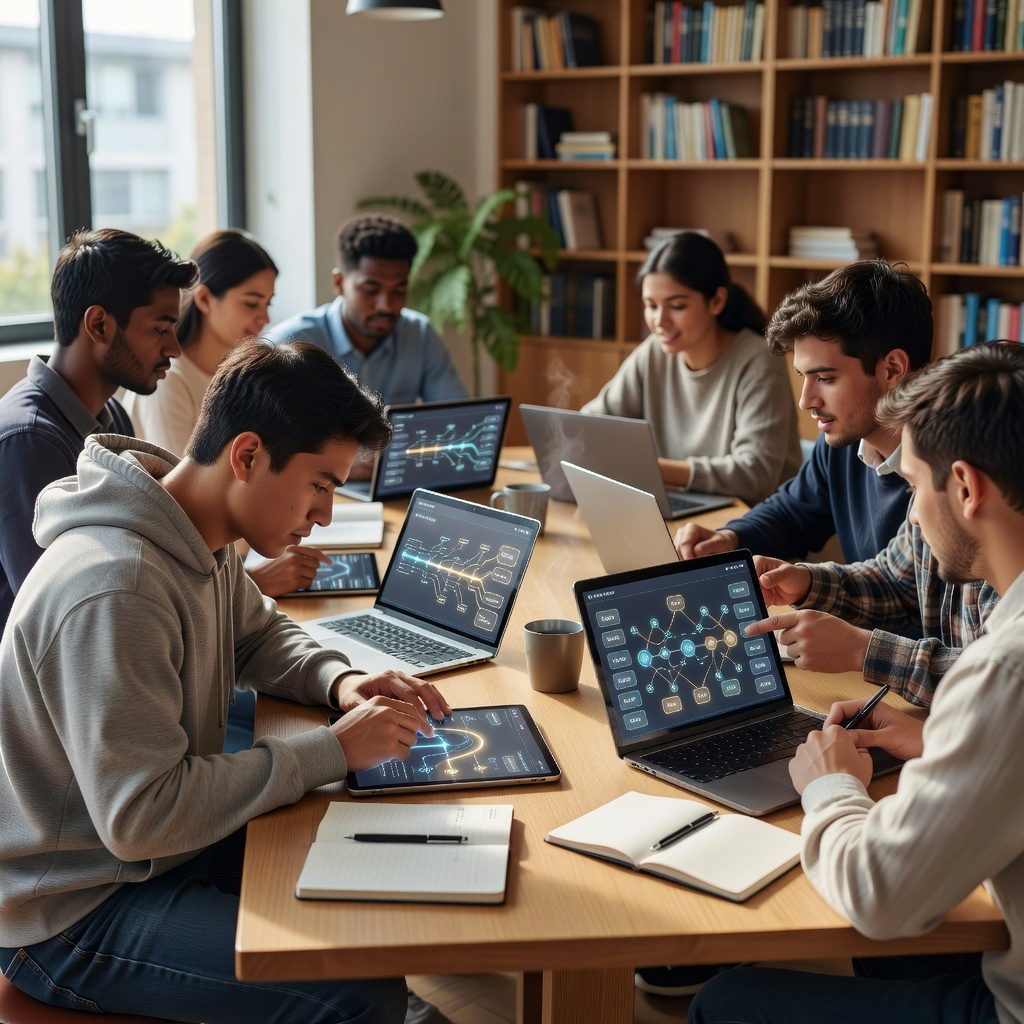 Students studying together in modern library