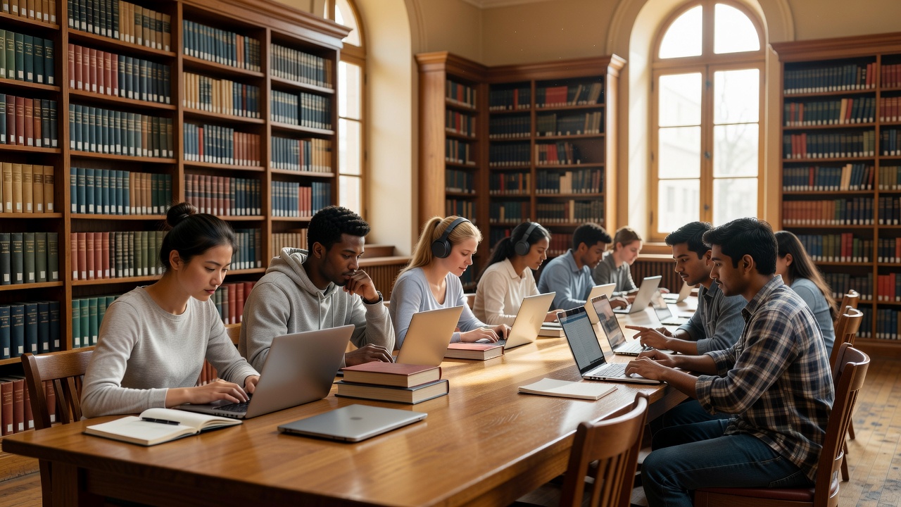 Students studying with laptops in library